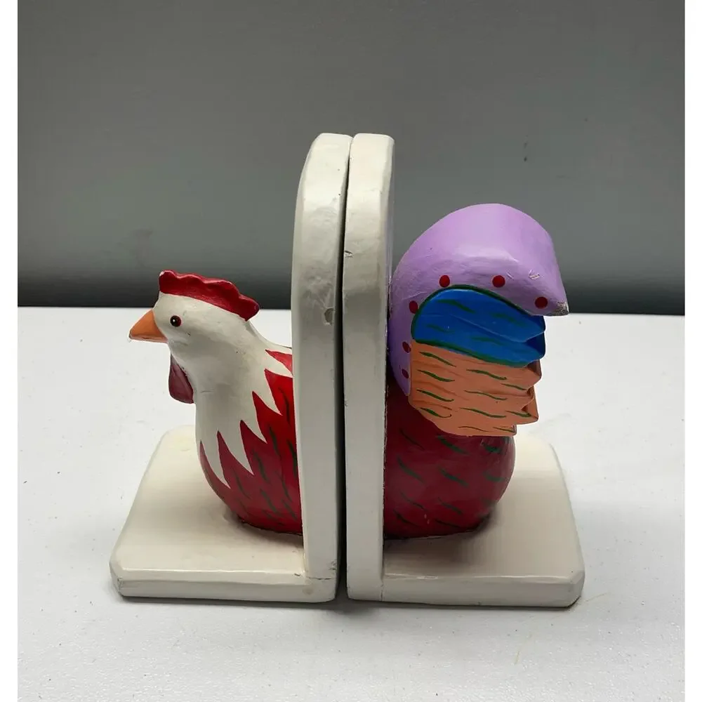 Chicken Bookends, Hand Carved Painted Wood - Bead and Tail